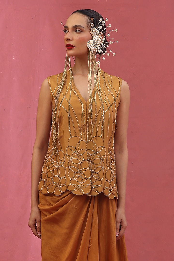Gold Tissue & Silk Embellished Waistcoat Set by URMIL at Pernia's Pop Up Shop