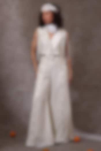 Off-White Silk Embellished Jacket Set by URMIL at Pernia's Pop Up Shop
