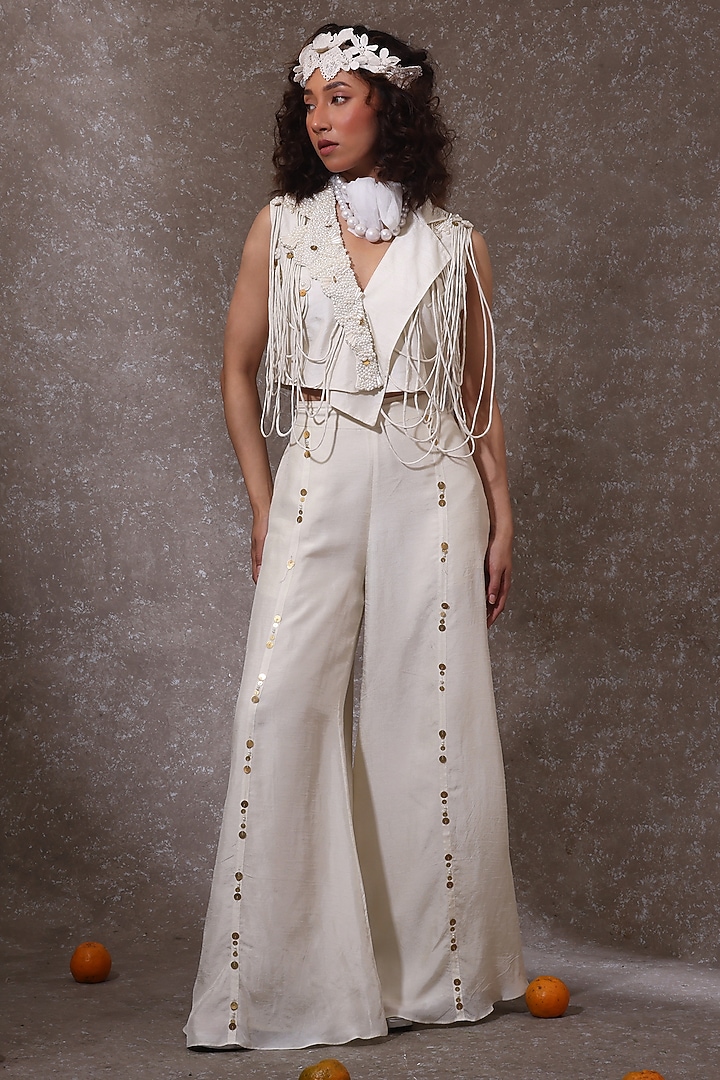 Off-White Silk Embellished Jacket Set by URMIL at Pernia's Pop Up Shop