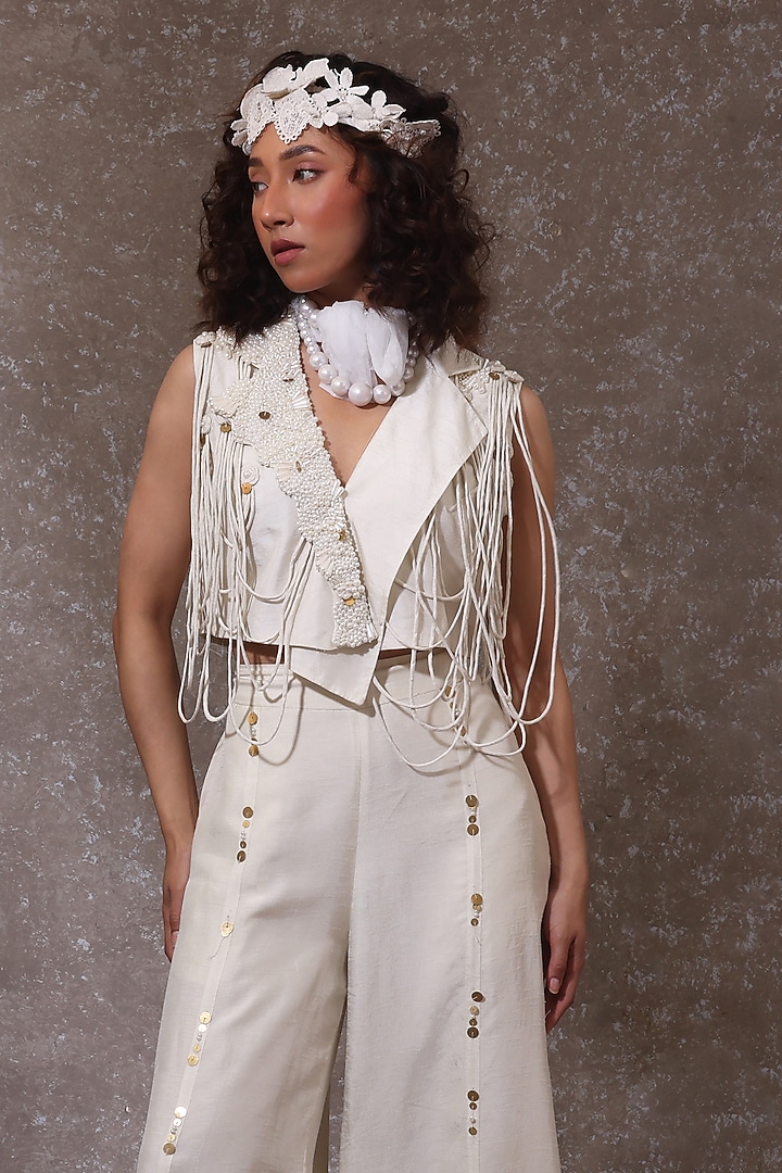 Off-White Silk Embellished Jacket Set by URMIL at Pernia's Pop Up Shop