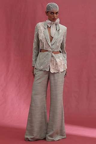Mint Muslin Slub & Tissue Embellished Jacket Set by URMIL