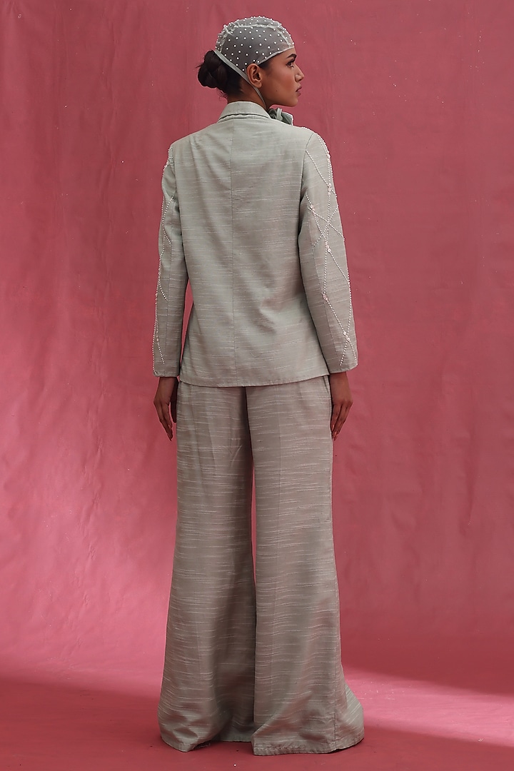Mint Muslin Slub & Tissue Embellished Jacket Set by URMIL at Pernia's Pop Up Shop