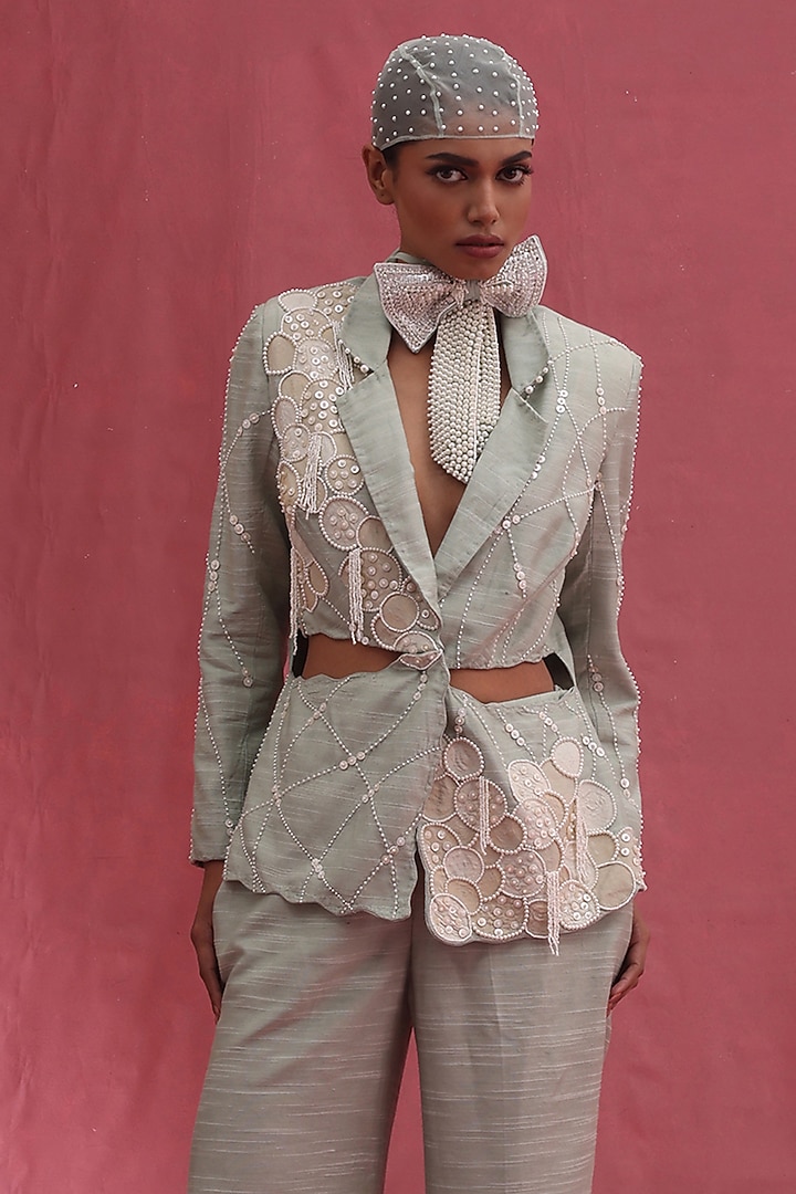 Mint Muslin Slub & Tissue Embellished Jacket Set by URMIL at Pernia's Pop Up Shop