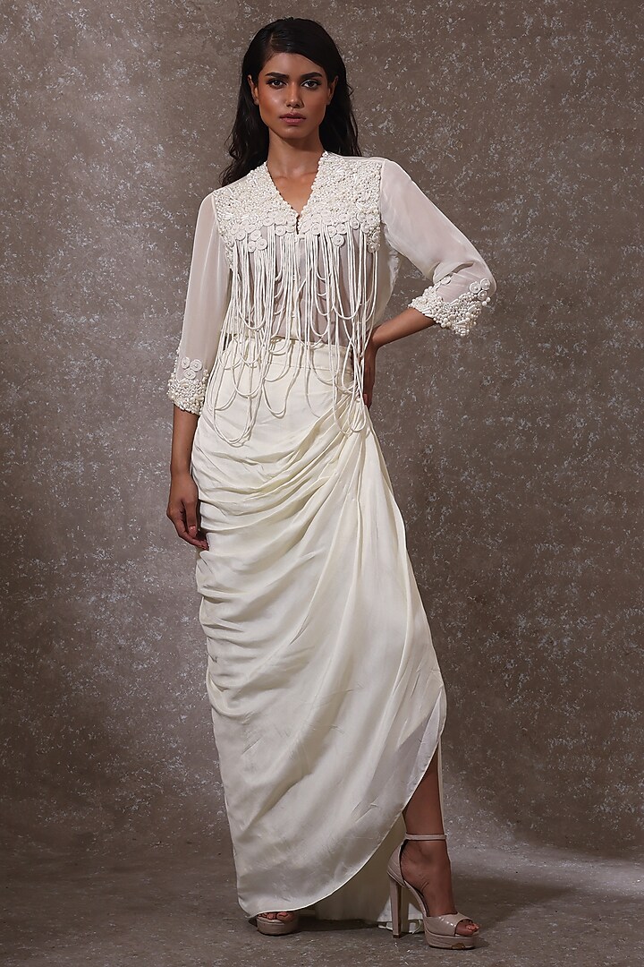 Off-White Soft Organza & Silk Co-Ord Set by URMIL at Pernia's Pop Up Shop