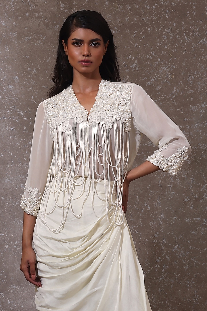 Off-White Soft Organza & Silk Co-Ord Set by URMIL at Pernia's Pop Up Shop