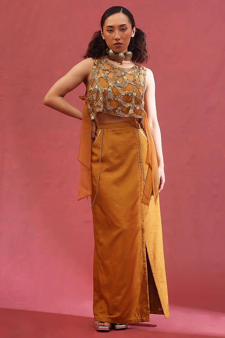 Gold Organza & Silk Skirt Set by URMIL at Pernia's Pop Up Shop