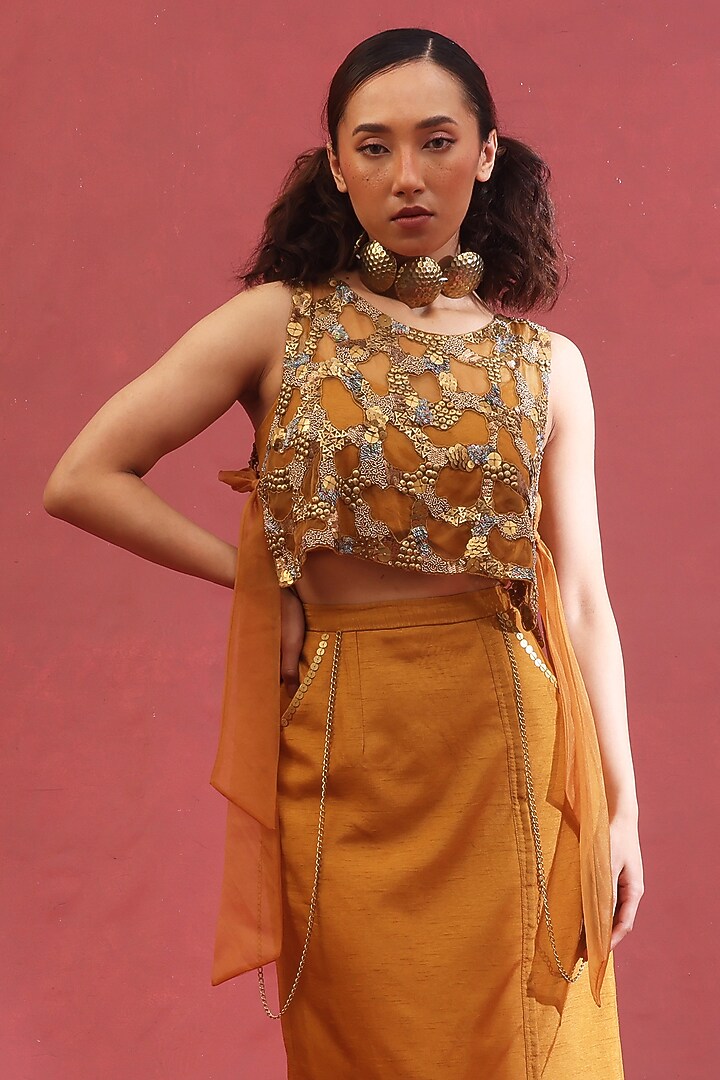 Gold Organza & Silk Skirt Set by URMIL at Pernia's Pop Up Shop