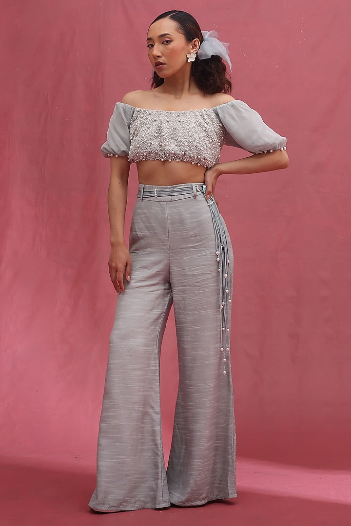 Ice-Colored Soft Organza & Raw Silk Pant Set by URMIL at Pernia's Pop Up Shop