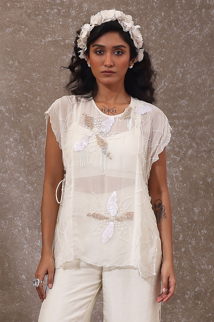 Off-White Soft Organza & Organza Overlay Cape Set by URMIL at Pernia's Pop Up Shop