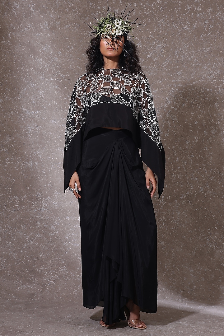 Black Tabby & Muslin Hand Embroidered Cape Set by URMIL at Pernia's Pop Up Shop