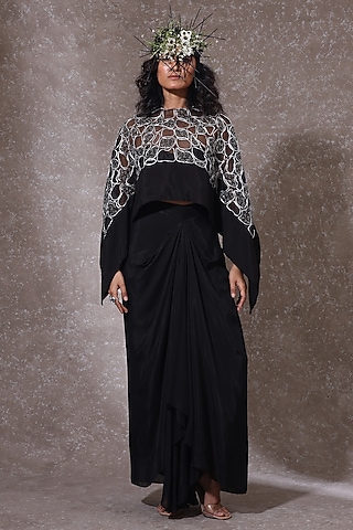 Black Tabby & Muslin Hand Embroidered Cape Set by URMIL