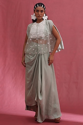 Mint Organza & Silk Skirt Set by URMIL
