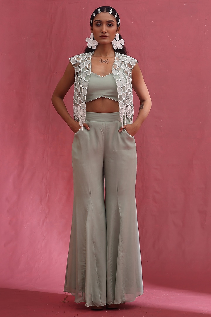 Mint Organza & Tissue Hand Embroidered Jacket Set by URMIL at Pernia's Pop Up Shop