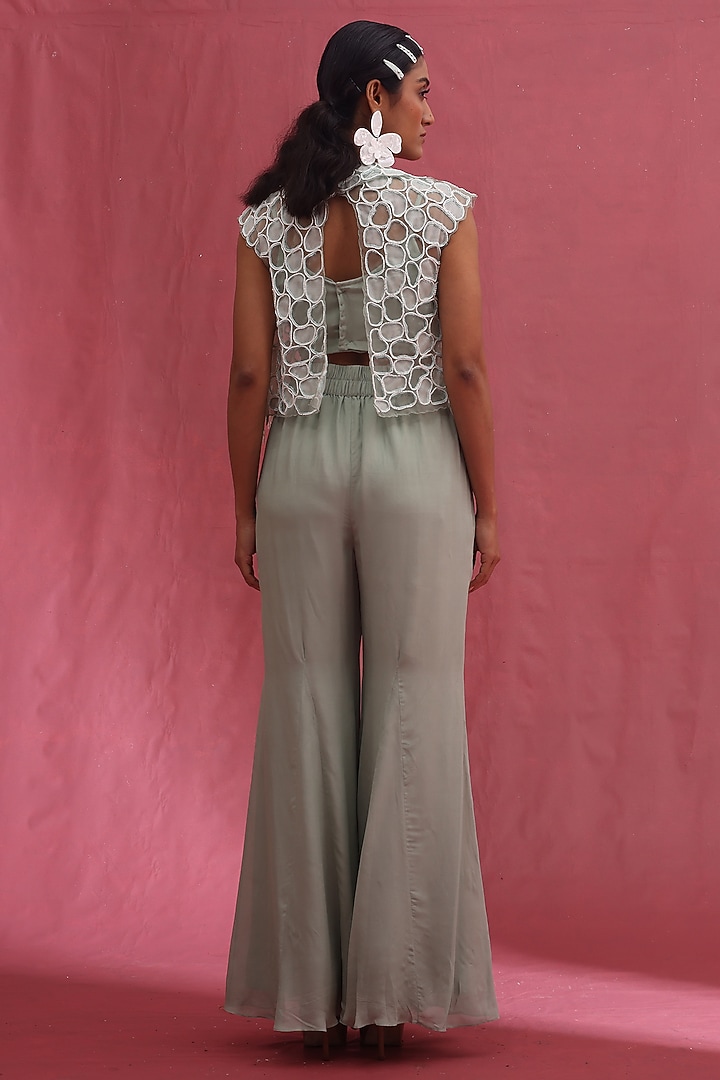Mint Organza & Tissue Hand Embroidered Jacket Set by URMIL at Pernia's Pop Up Shop