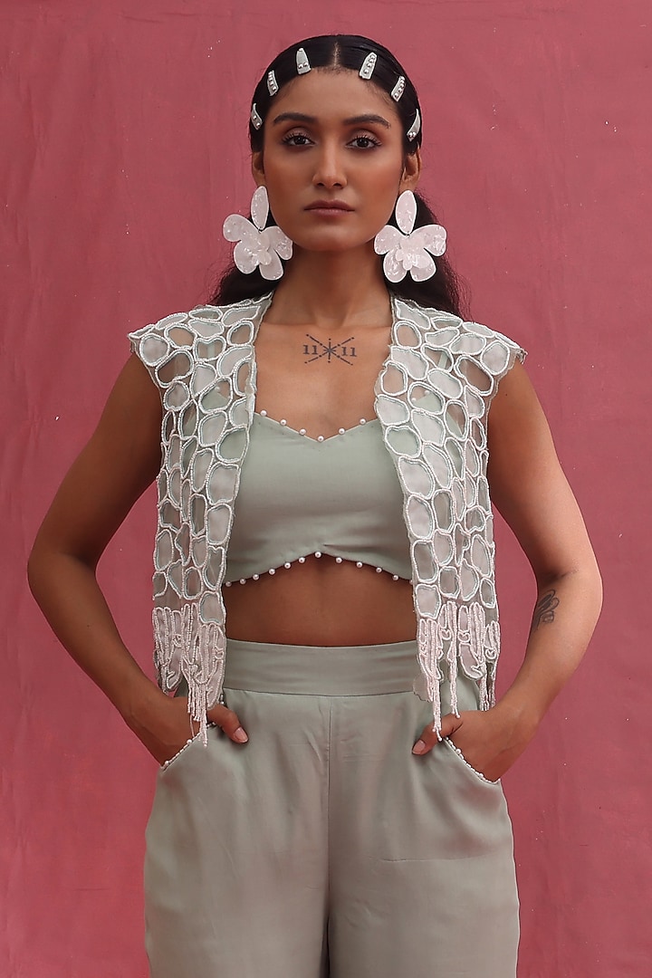 Mint Organza & Tissue Hand Embroidered Jacket Set by URMIL at Pernia's Pop Up Shop
