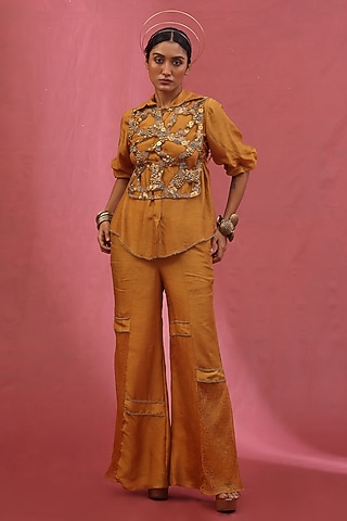 Gold Organza & Tissue Hand Embroidered Jacket Set by URMIL