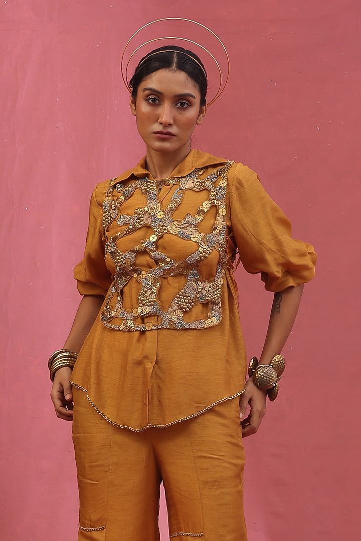 Gold Organza & Tissue Hand Embroidered Jacket Set by URMIL at Pernia's Pop Up Shop