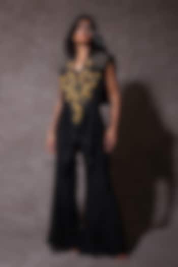 Black Organza & Tissue Embellished Draped Jacket Set by URMIL at Pernia's Pop Up Shop
