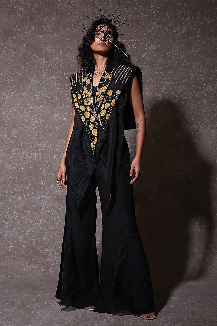 Black Organza & Tissue Embellished Draped Jacket Set by URMIL at Pernia's Pop Up Shop
