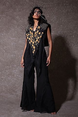 Black Organza & Tissue Embellished Draped Jacket Set by URMIL