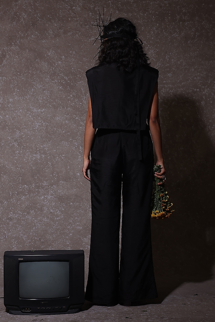 Black Organza & Tissue Embellished Draped Jacket Set by URMIL at Pernia's Pop Up Shop