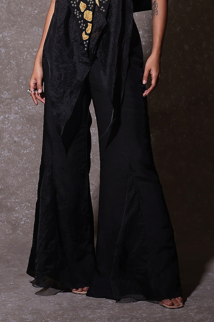 Black Organza & Tissue Embellished Draped Jacket Set by URMIL at Pernia's Pop Up Shop