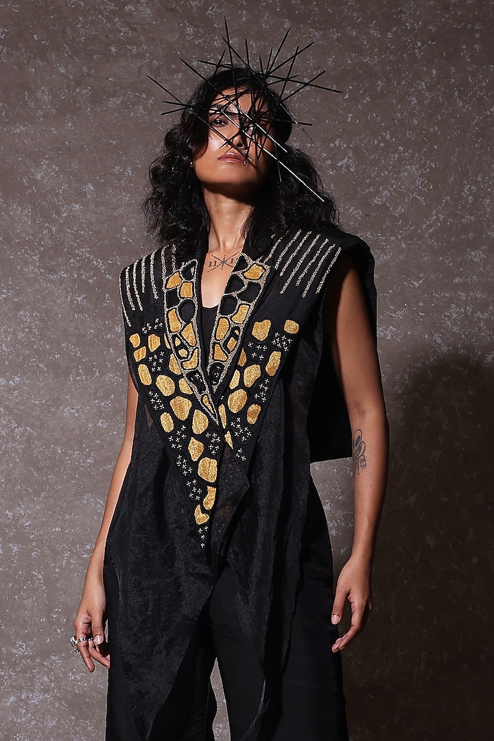 Black Organza & Tissue Embellished Draped Jacket Set by URMIL at Pernia's Pop Up Shop