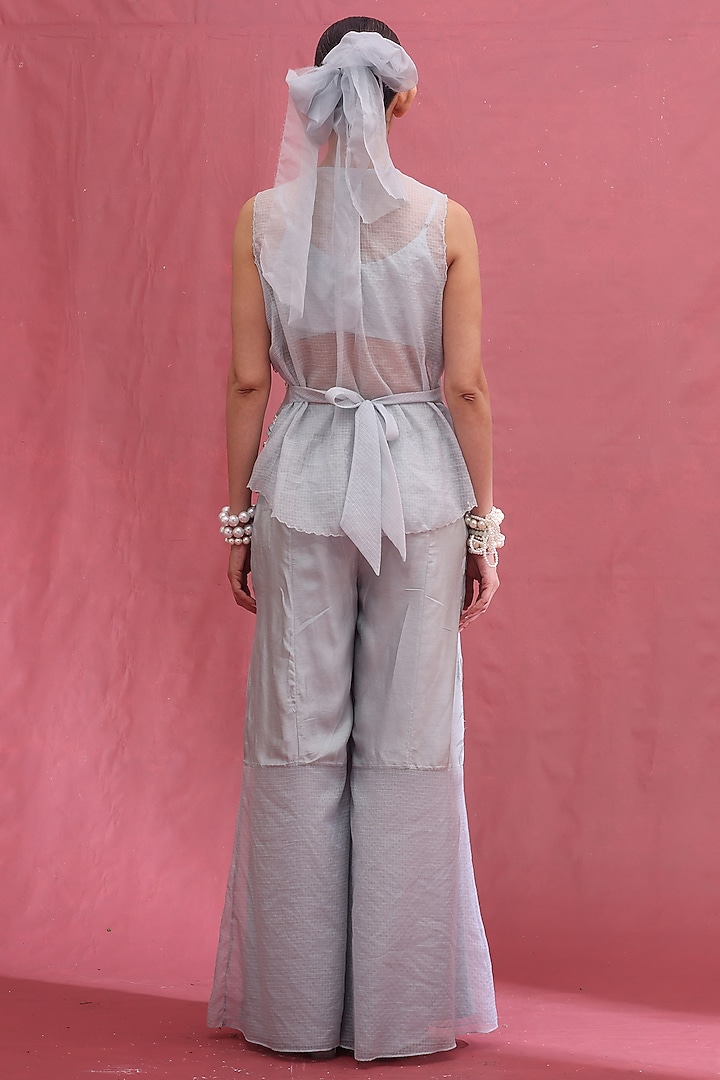 Ice-Colored Chanderi Silk & Silk Hand Embroidered Wrap Jacket Set by URMIL at Pernia's Pop Up Shop