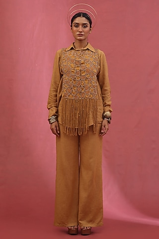 Gold Organza & Tissue Embellished Jacket Set by URMIL
