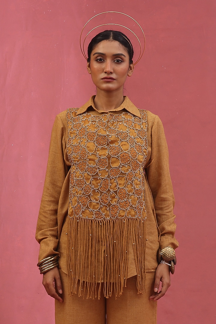 Gold Organza & Tissue Embellished Jacket Set by URMIL at Pernia's Pop Up Shop