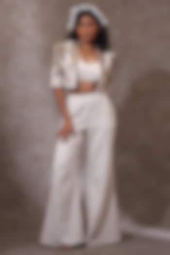 Off-White Khadi Fabric Hand Embroidered Crop Jacket Set by URMIL at Pernia's Pop Up Shop