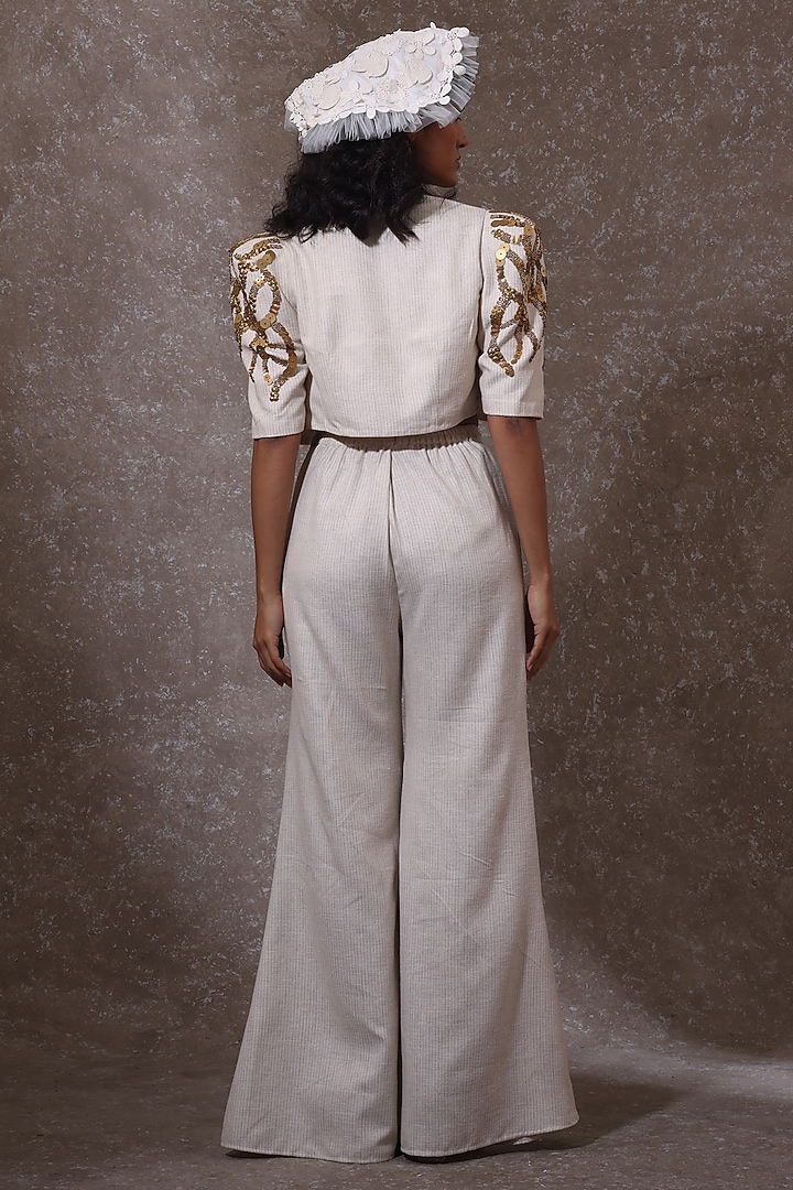 Off-White Khadi Fabric Hand Embroidered Crop Jacket Set by URMIL at Pernia's Pop Up Shop