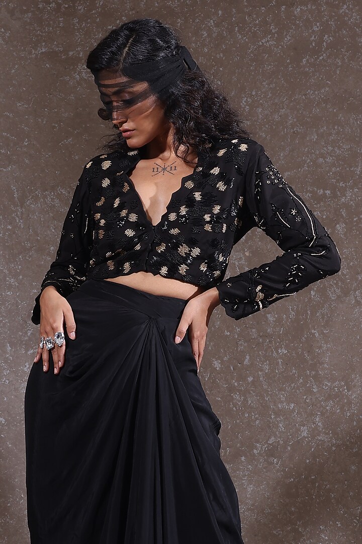 Black Muslin & Tabby Skirt Set by URMIL at Pernia's Pop Up Shop