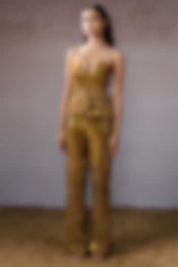 Dark Gold Tissue & Silk Embellished Pant Set by URMIL at Pernia's Pop Up Shop