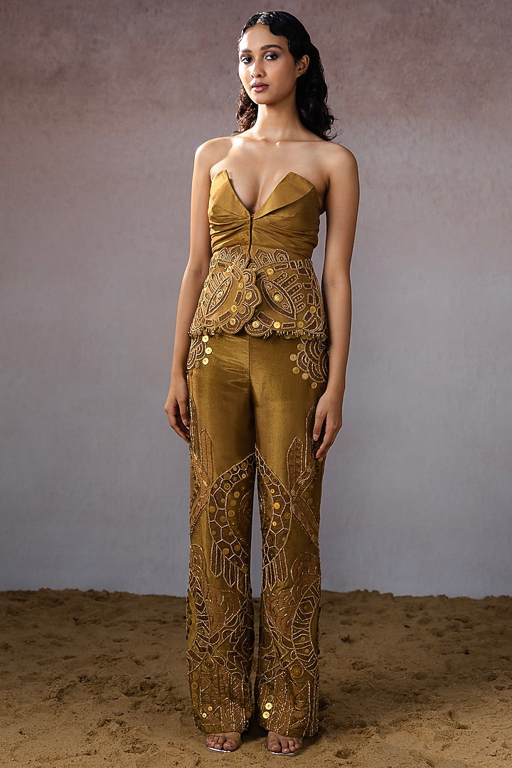 Dark Gold Tissue & Silk Embellished Pant Set by URMIL at Pernia's Pop Up Shop