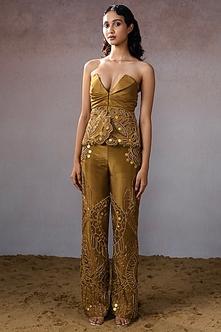 Dark Gold Tissue & Silk Embellished Pant Set by URMIL