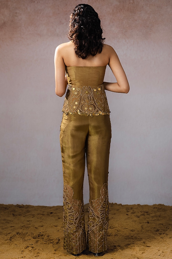 Dark Gold Tissue & Silk Embellished Pant Set by URMIL at Pernia's Pop Up Shop