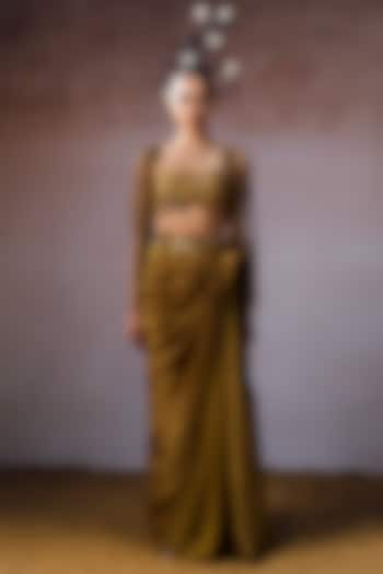 Dark Gold Tissue & Silk Hand Embroidered Draped Skirt Set by URMIL at Pernia's Pop Up Shop