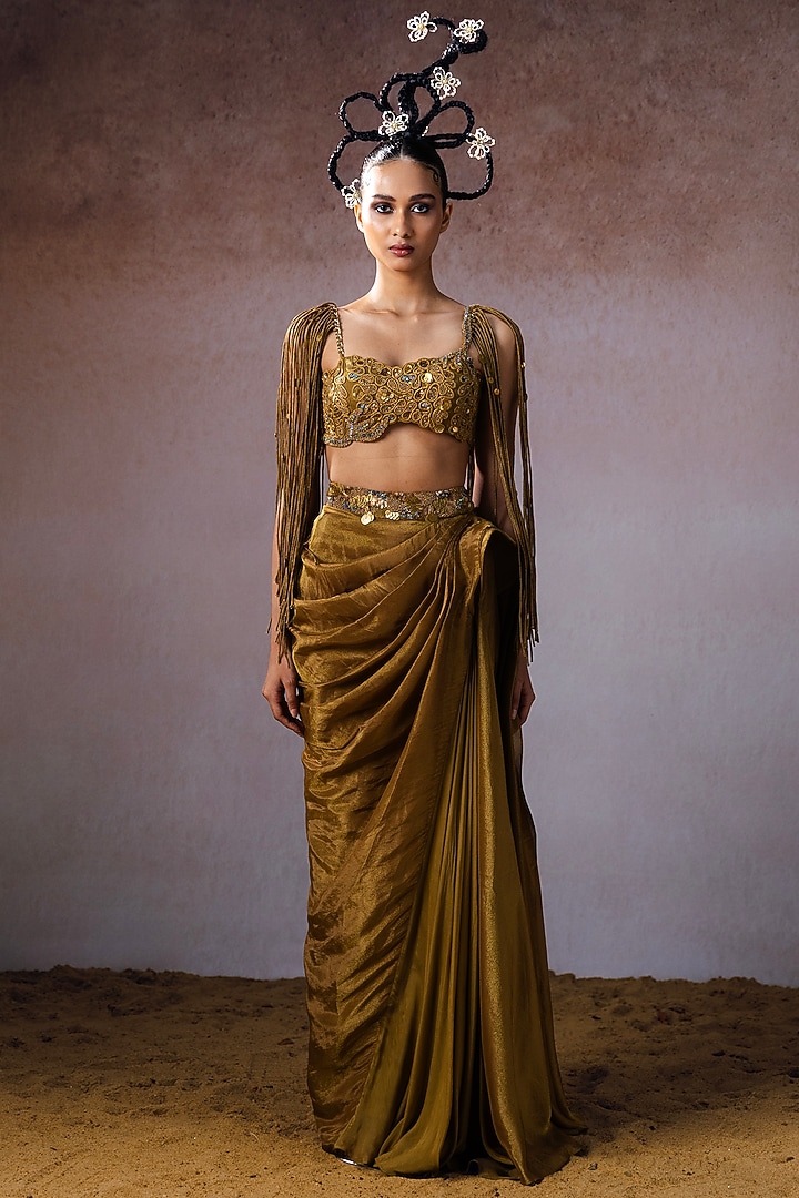 Dark Gold Tissue & Silk Hand Embroidered Draped Skirt Set by URMIL at Pernia's Pop Up Shop