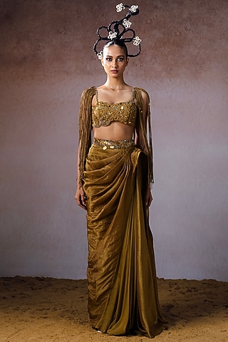 Dark Gold Tissue & Silk Hand Embroidered Draped Skirt Set by URMIL