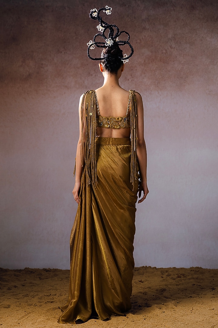Dark Gold Tissue & Silk Hand Embroidered Draped Skirt Set by URMIL at Pernia's Pop Up Shop