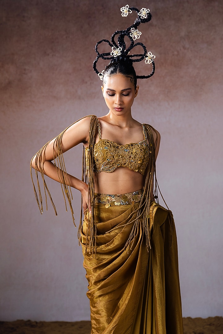 Dark Gold Tissue & Silk Hand Embroidered Draped Skirt Set by URMIL at Pernia's Pop Up Shop
