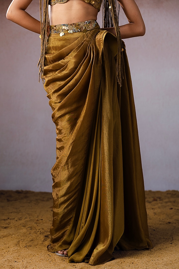 Dark Gold Tissue & Silk Hand Embroidered Draped Skirt Set by URMIL at Pernia's Pop Up Shop