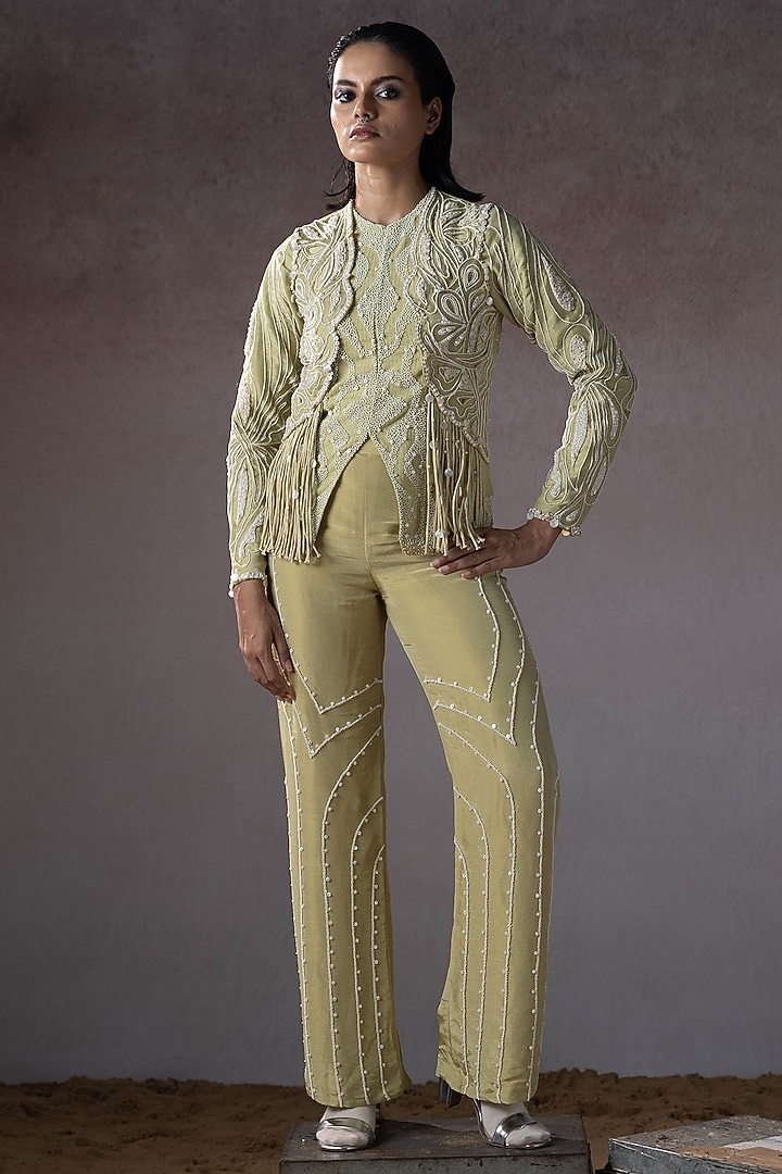 Sage Mulin & Silk Hand Embroidered Jacket Set by URMIL at Pernia's Pop Up Shop