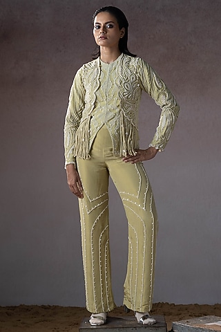 Sage Mulin & Silk Hand Embroidered Jacket Set by URMIL