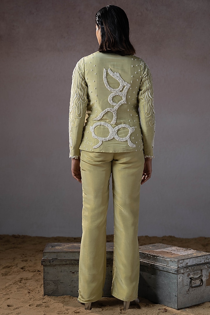 Sage Mulin & Silk Hand Embroidered Jacket Set by URMIL at Pernia's Pop Up Shop