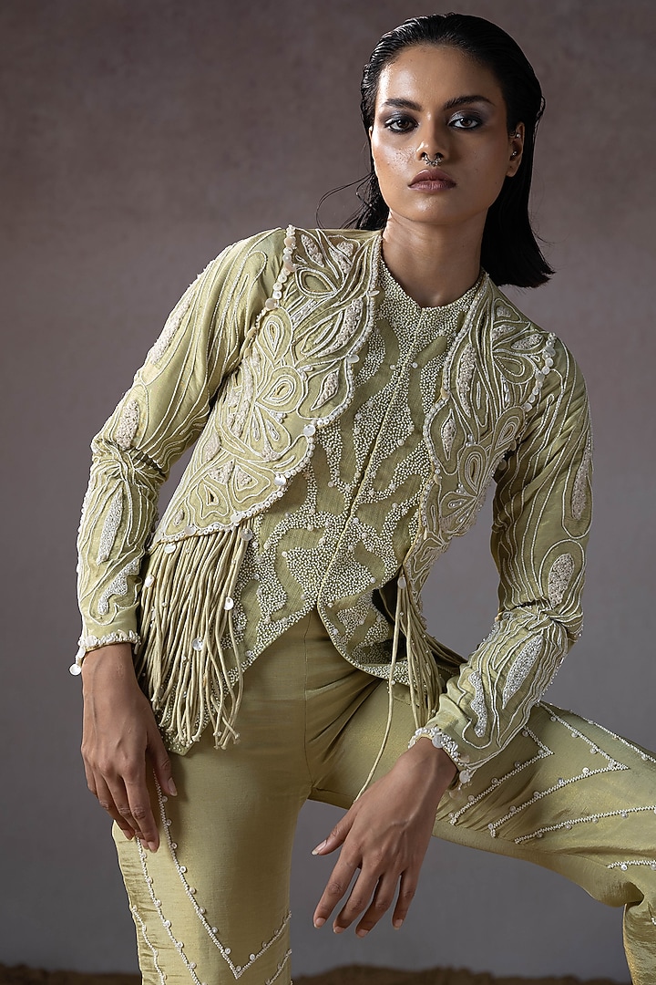Sage Mulin & Silk Hand Embroidered Jacket Set by URMIL at Pernia's Pop Up Shop