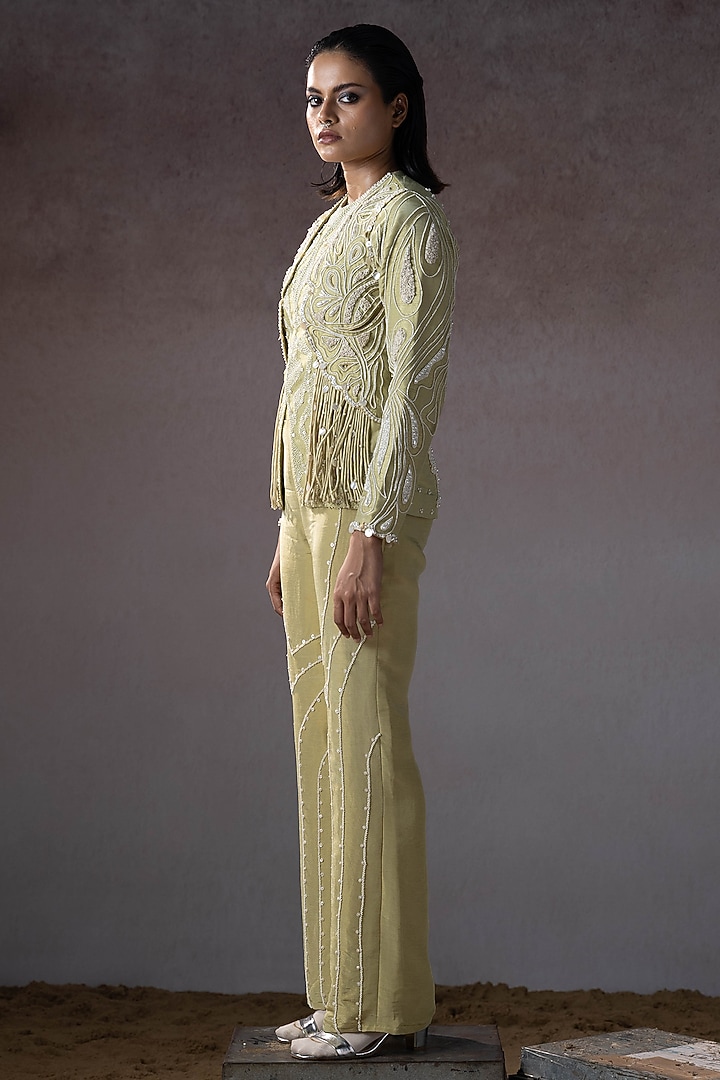 Sage Mulin & Silk Hand Embroidered Jacket Set by URMIL at Pernia's Pop Up Shop