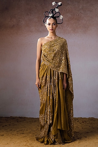Dark Gold Dola & Organza Hand Embroidered Draped Saree by URMIL