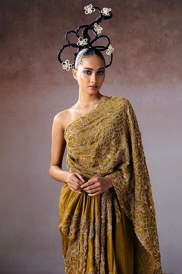 Dark Gold Dola & Organza Hand Embroidered Draped Reception Saree by URMIL at Pernia's Pop Up Shop